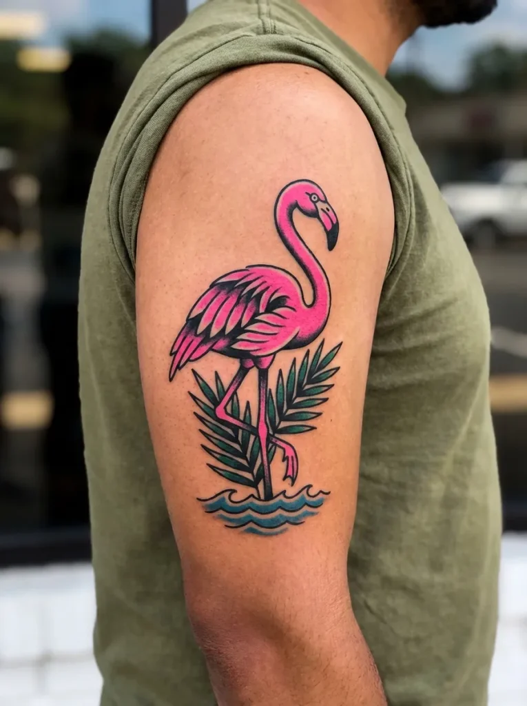 American Traditional Flamingo Tattoo