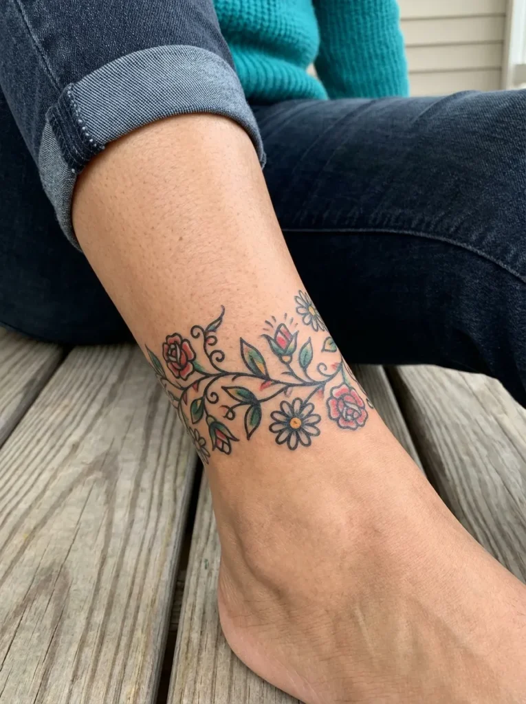 Flower Vine Ankle Tattoo