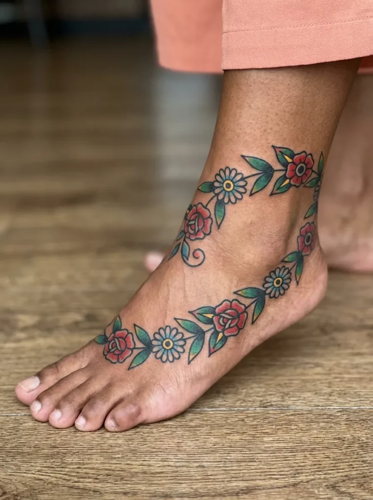 Flower Vine Foot Tattoo