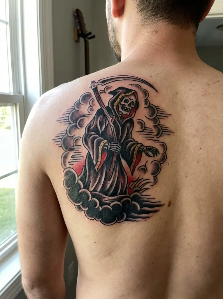 Grim Reaper Emerging from Shadows Tattoo