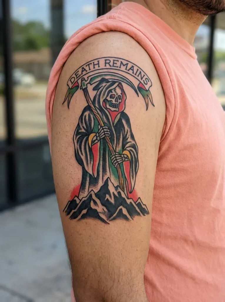 Grim Reaper Over Mountain Scene Tattoo