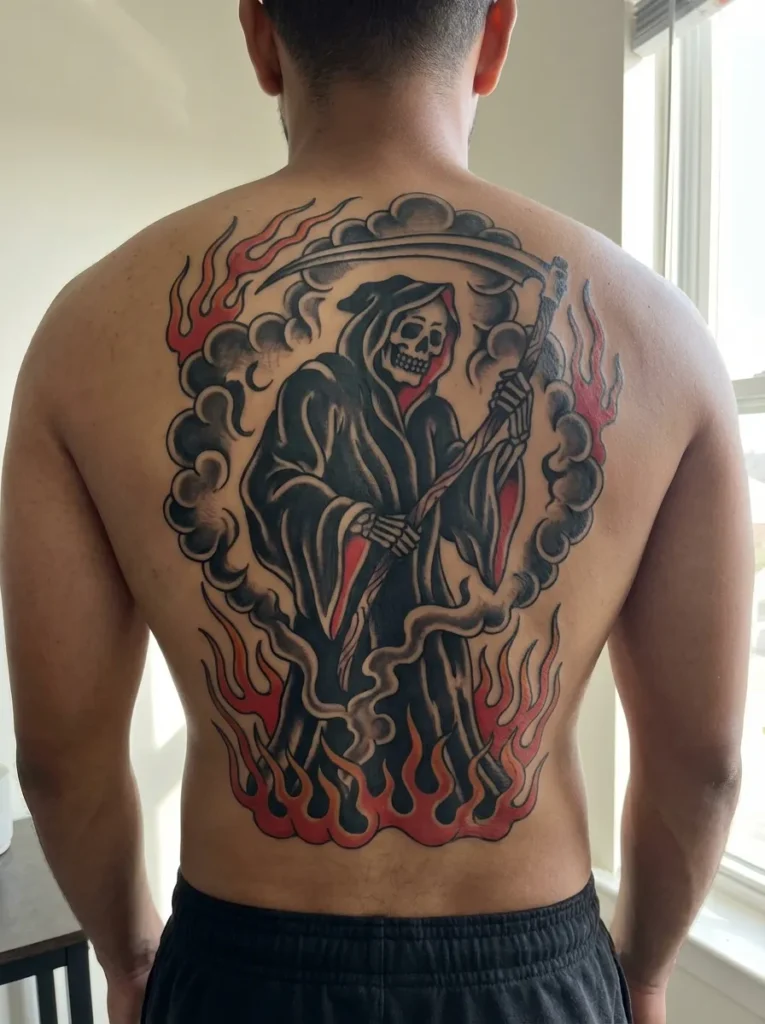 Grim Reaper with Fire and Smoke Tattoo