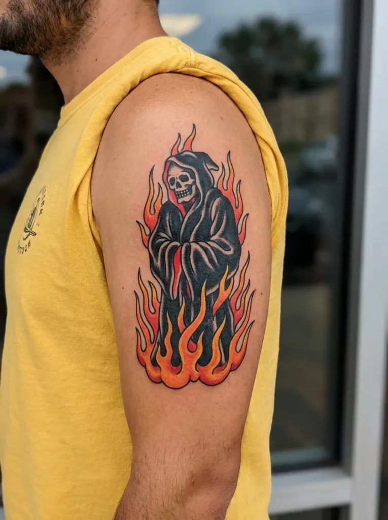Grim Reaper with Flames Tattoo