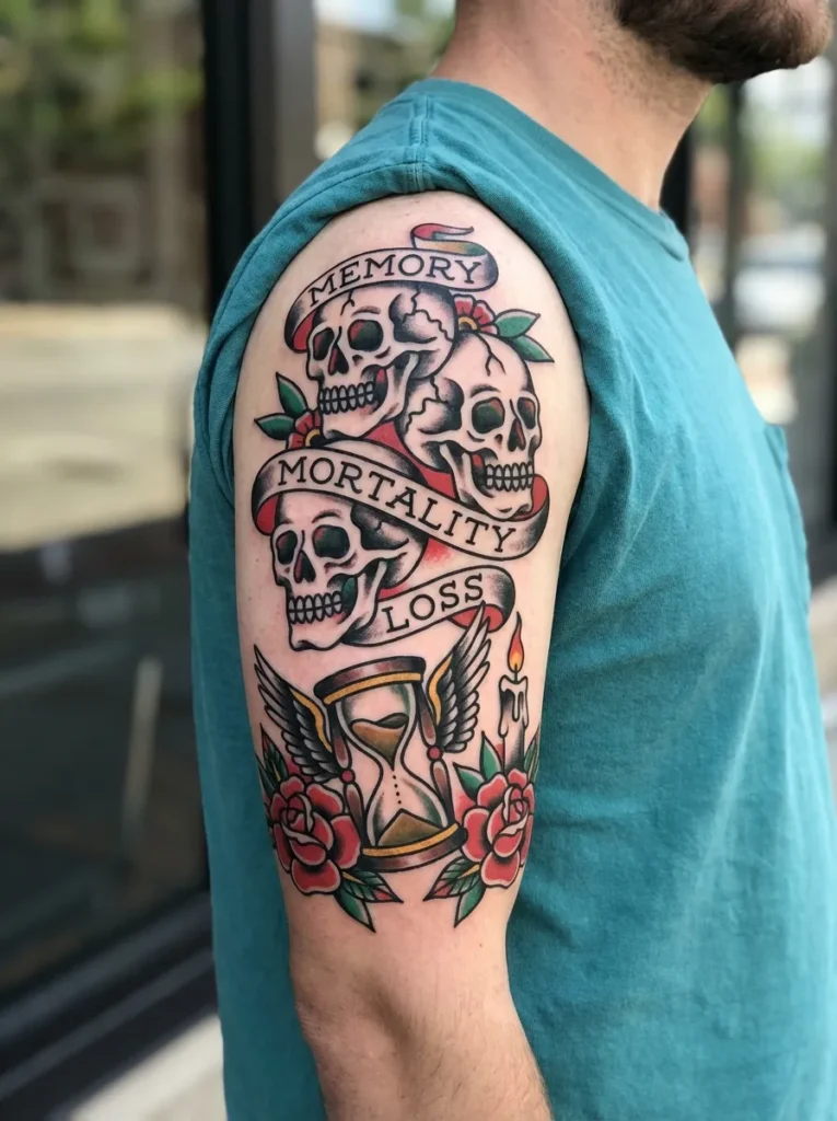 Banner & Skulls Narrative Sleeve Tattoo