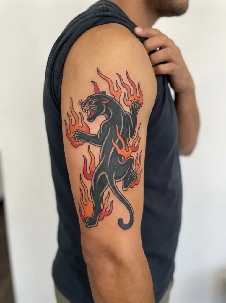 Black Panther & Flames Half Sleeve Tattoo