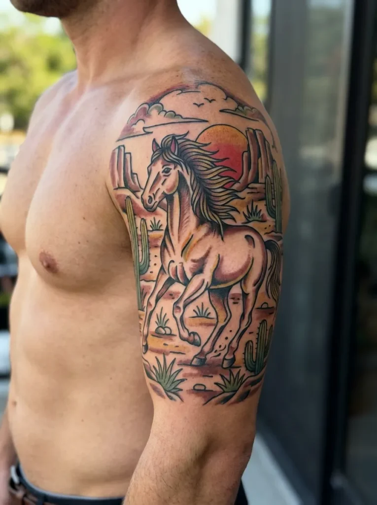 Horse & Desert Scene Sleeve Tattoo