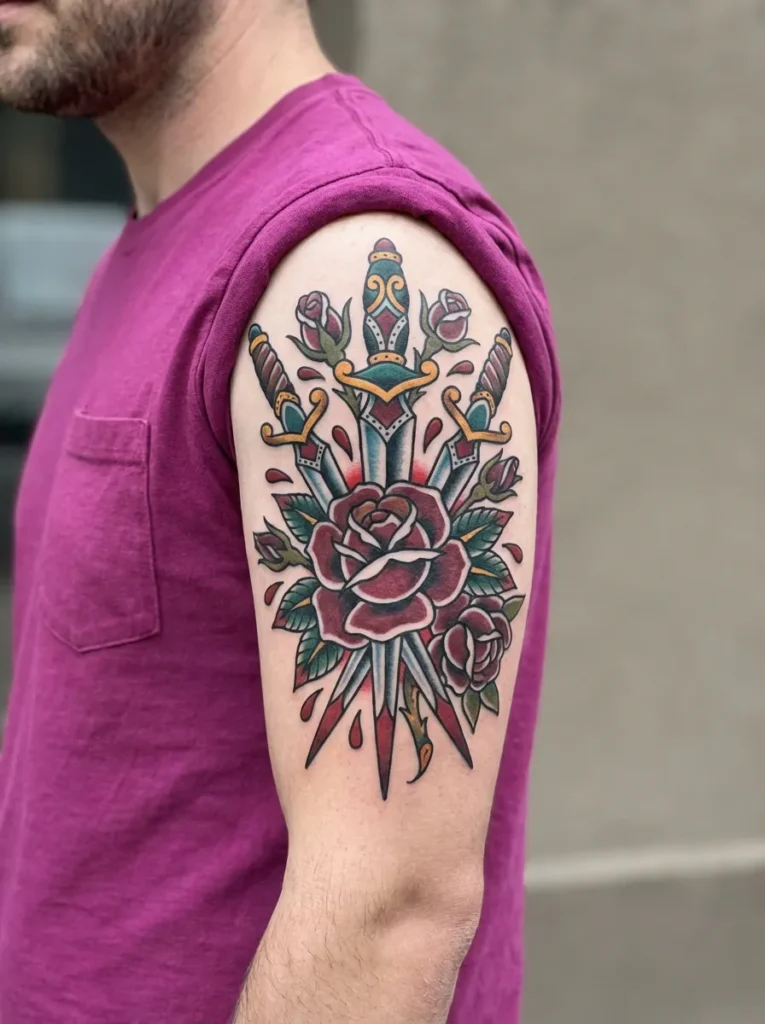 Roses & Daggers Half Sleeve Tattoo