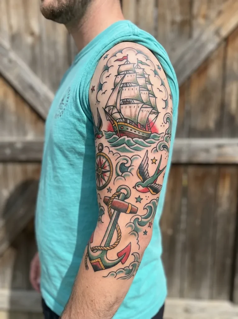 Sailor Traditional Portrait Sleeve Tattoo