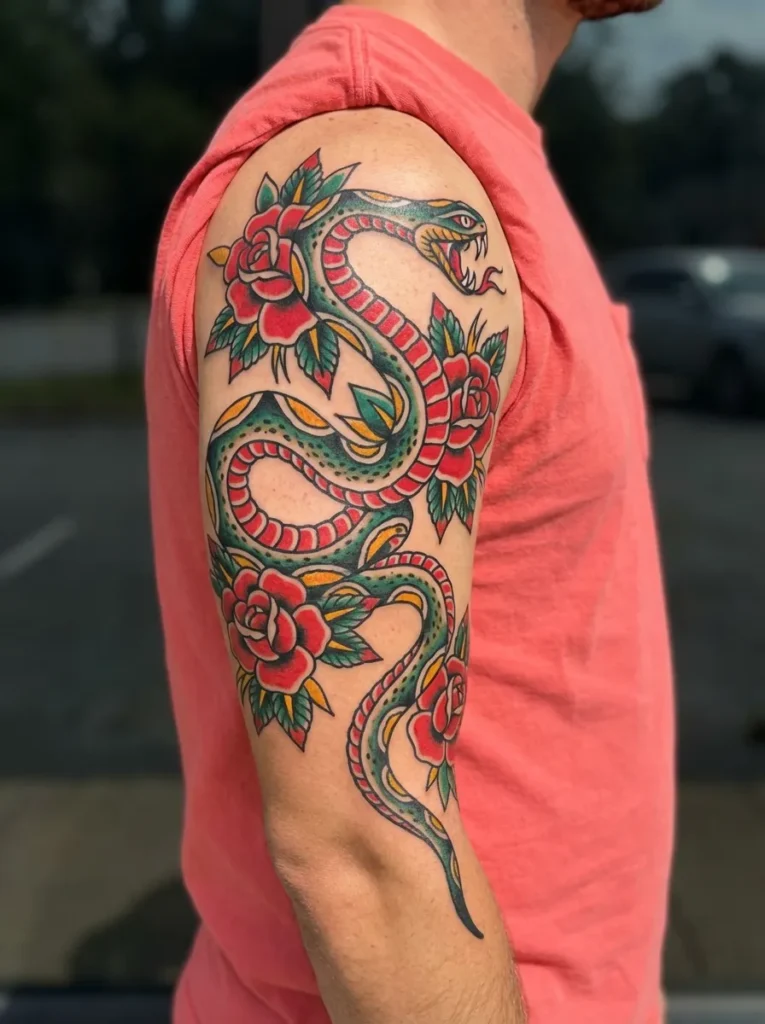 Snake & Roses Story Sleeve Tattoo