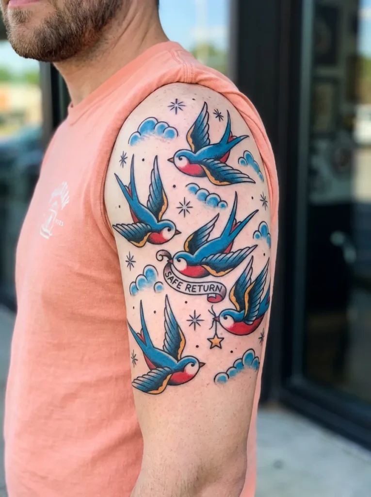 Swallows in Flight Sleeve Tattoo