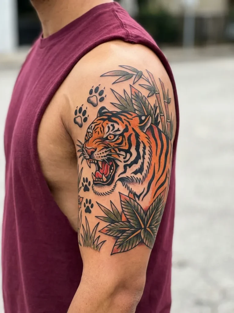 Tiger Head Narrative Sleeve Tattoo