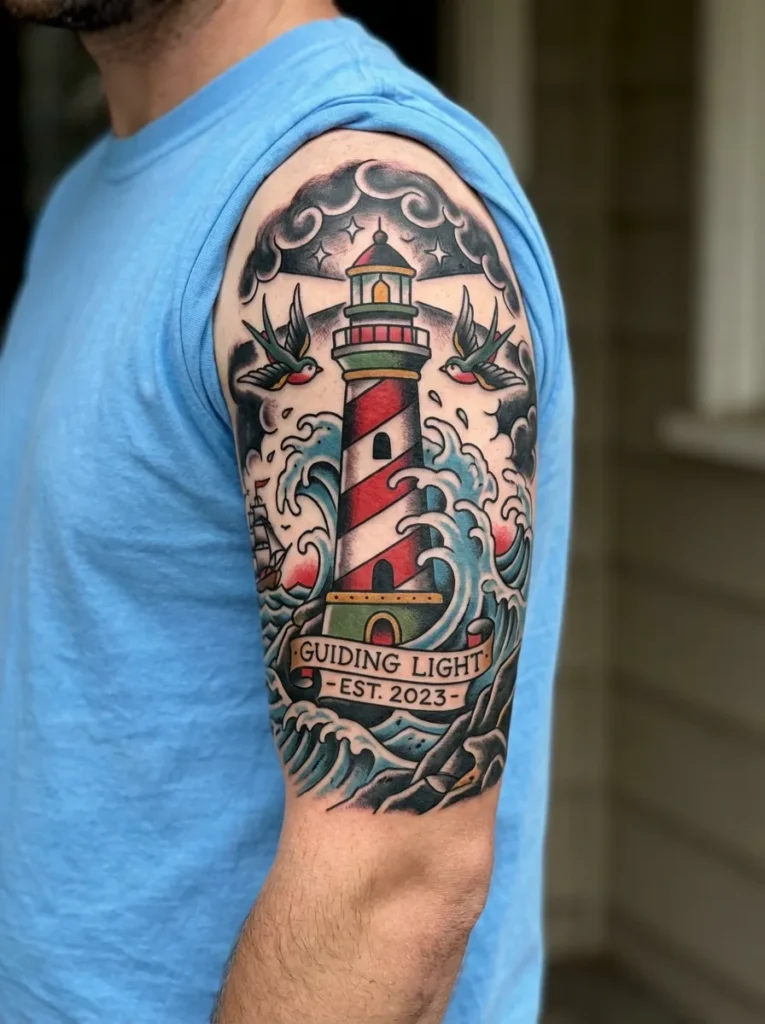 Lighthouse and Waves Half Sleeve Tattoo
