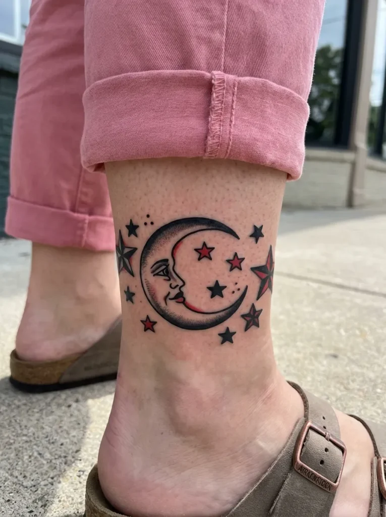 Moon and Stars Ankle Tattoo