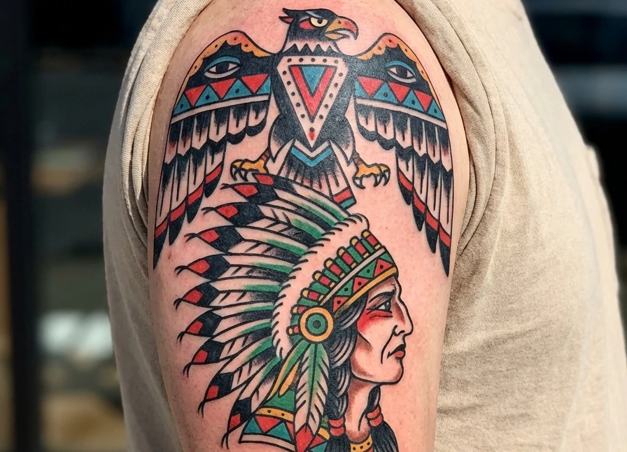 American Traditional Native Chief Tattoos