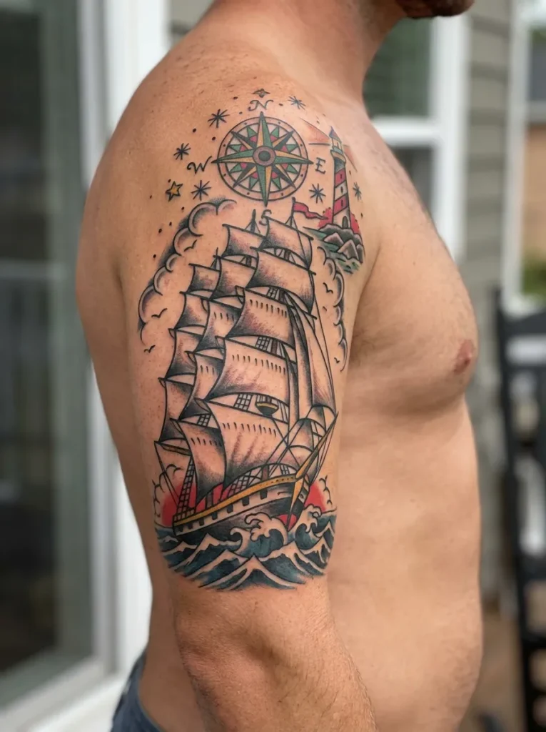 Nautical Ship Half Sleeve Tattoo
