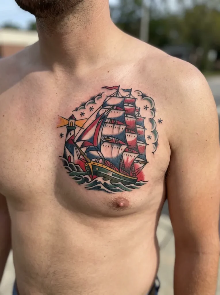 American Traditional Nautical Ship Tattoo