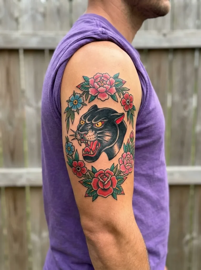 Panther with Floral Frame Tattoo