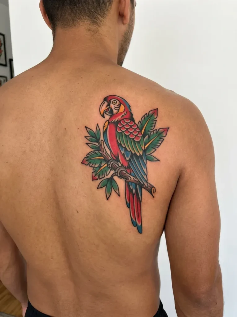 American Traditional Parrot Tattoo