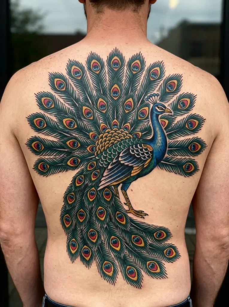 American Traditional Peacock Tattoo
