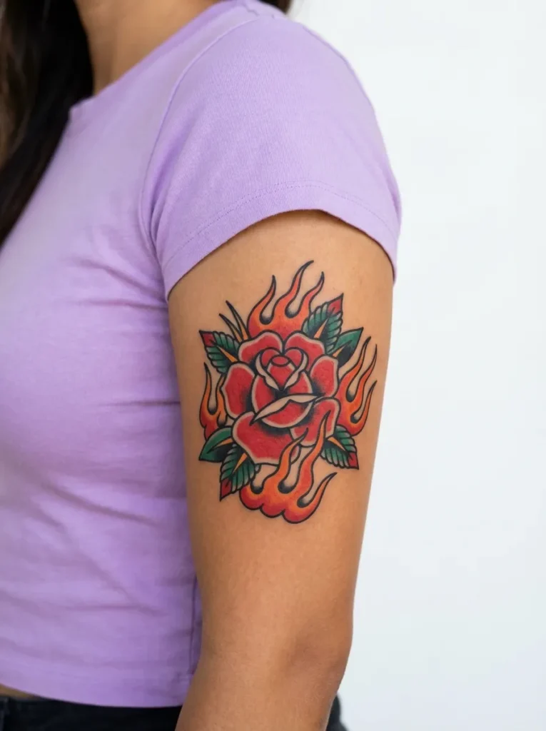 Rose with Flames Tattoo