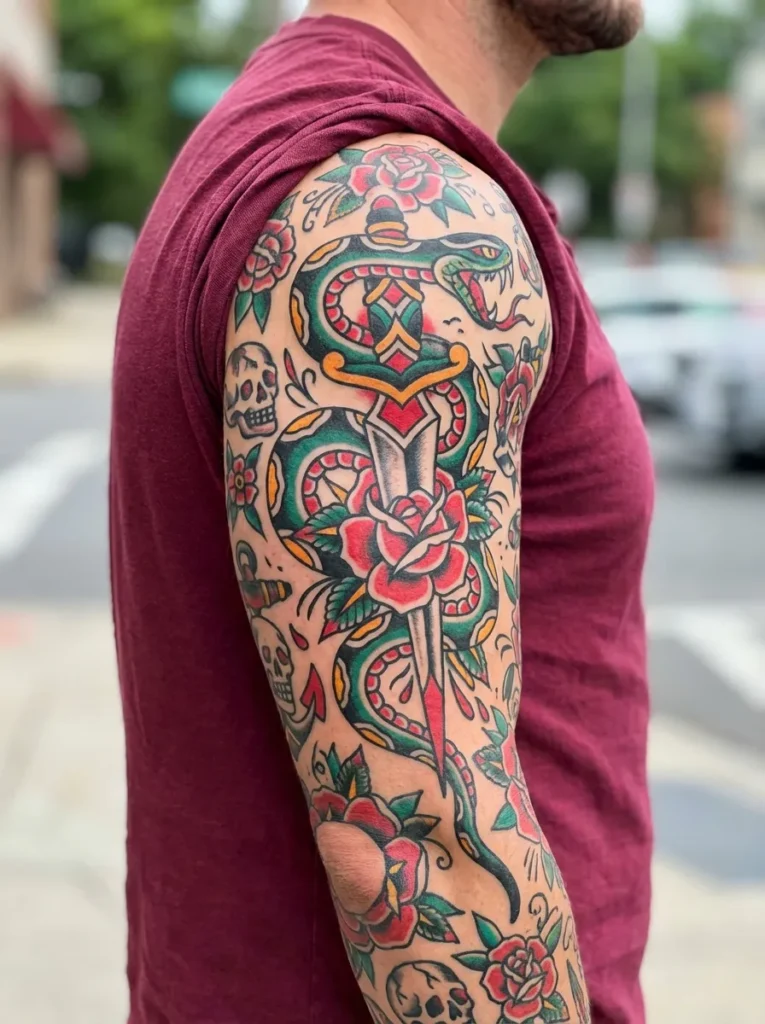 Snake and Dagger Half Sleeve Tattoo