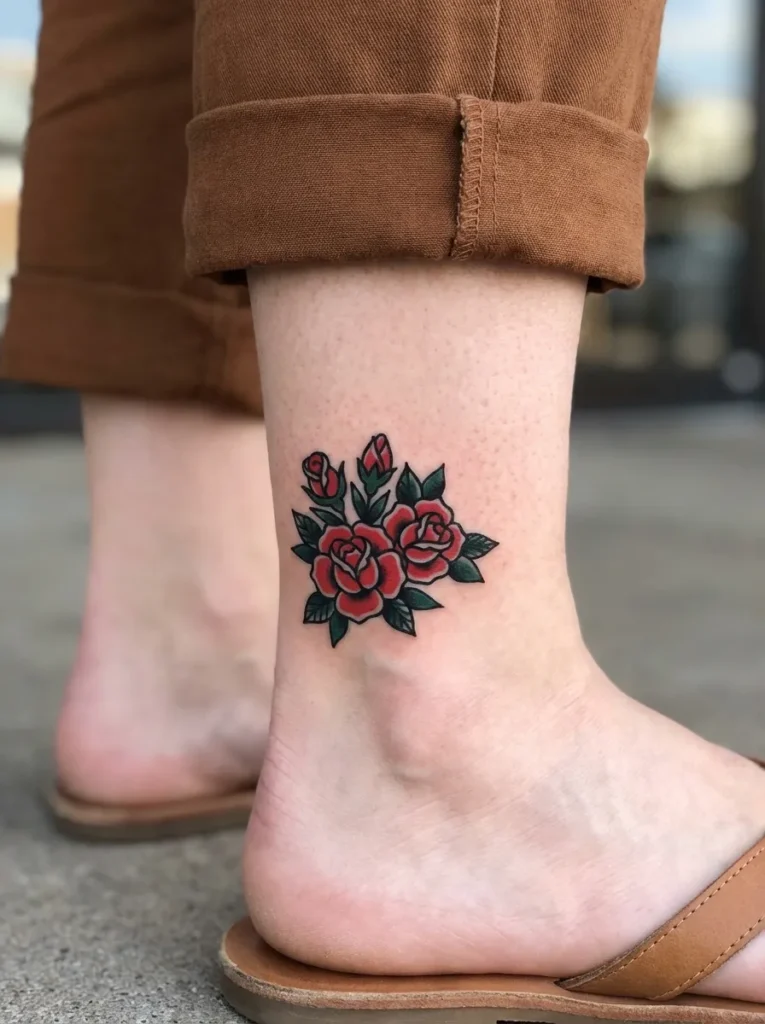 Tiny Rose Bouquet Ankle Tattoo