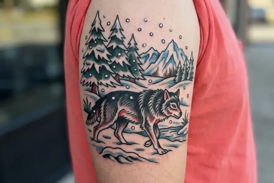 American Traditional Wolf Tattoo