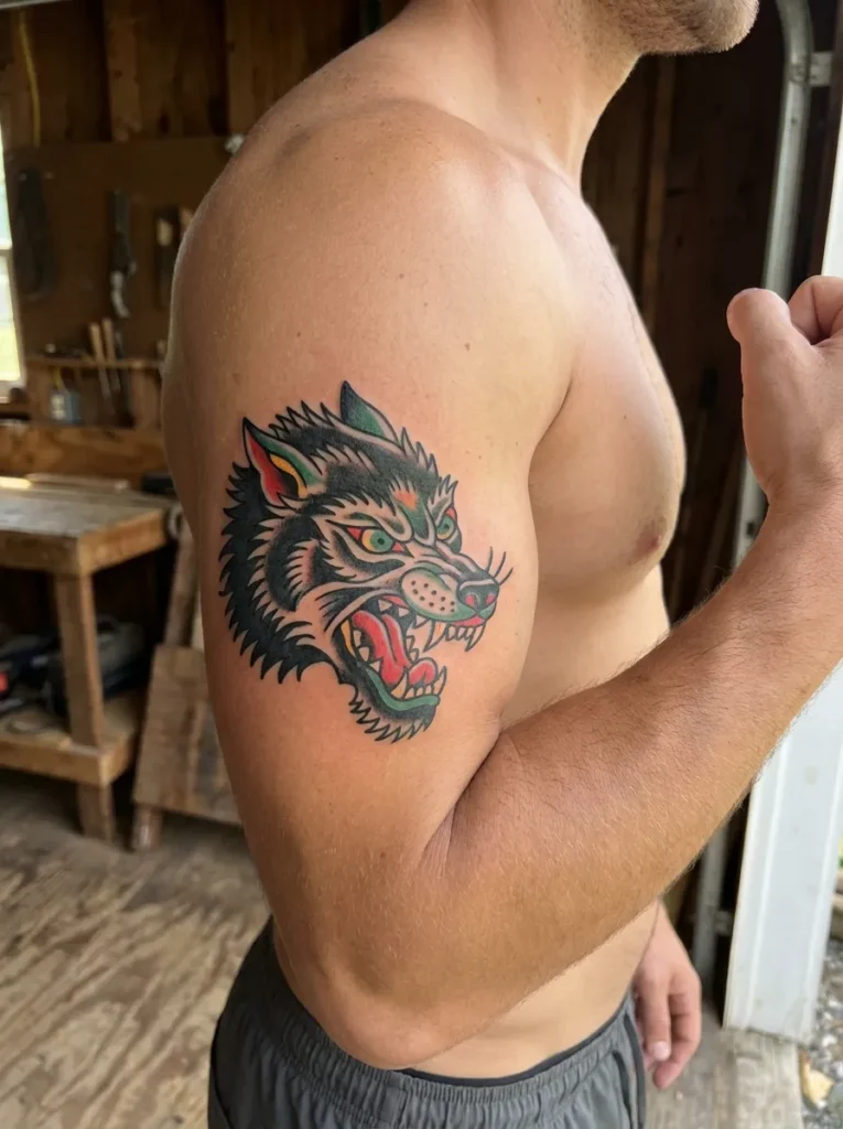American Traditional Wolf Tattoo