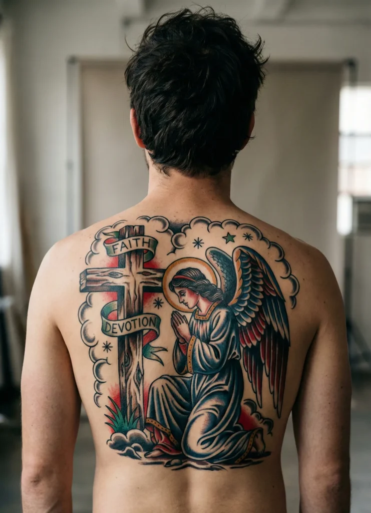 Angel and Cross Scene Tattoo