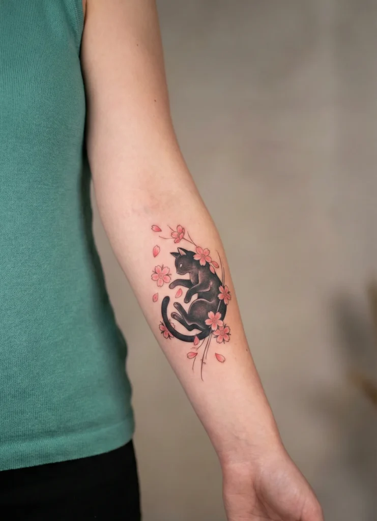 Black Cat with Cherry Blossoms