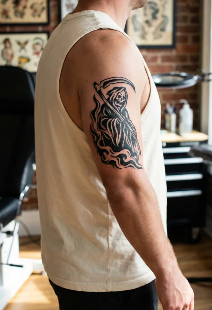 Black Ink Grim Reaper Tattoo