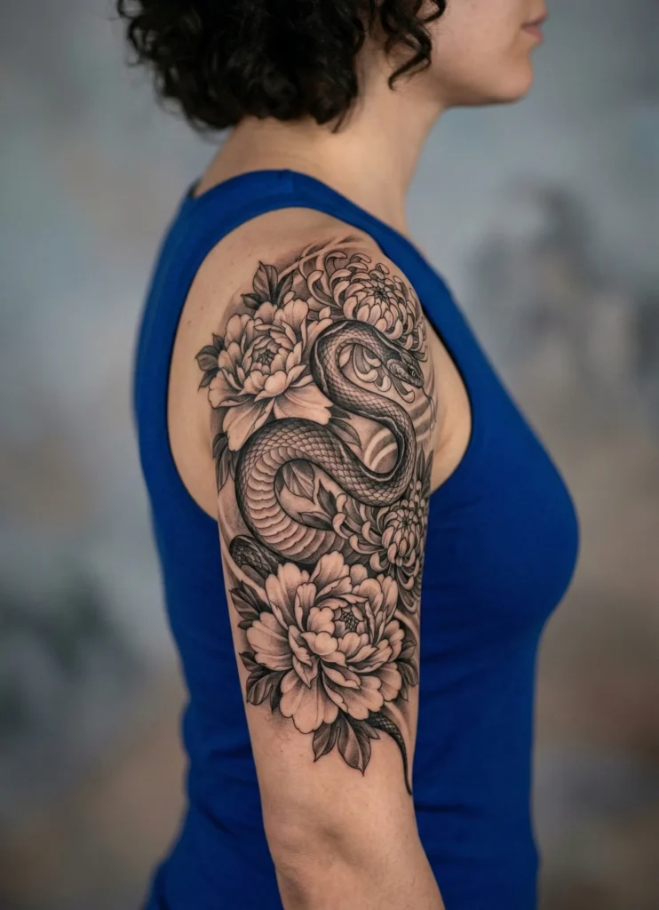 Black and Grey Snake (Hebi) with Flowers
