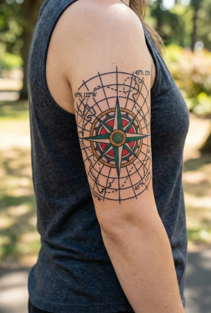 Compass with Map Lines Tattoo