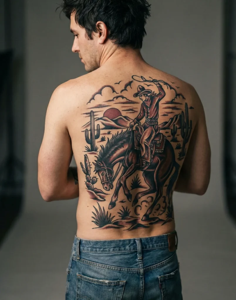 Cowboy Back Piece Tattoo