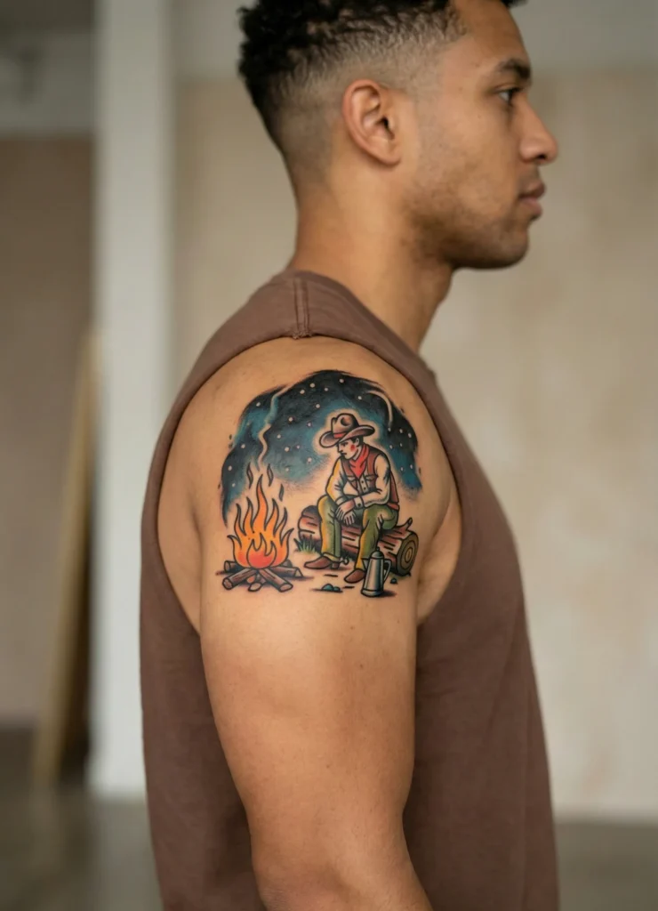 Cowboy Sitting by Campfire Tattoo