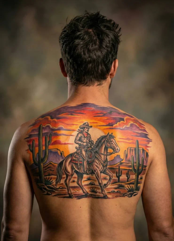 Cowboy and Desert Sunset Tattoo