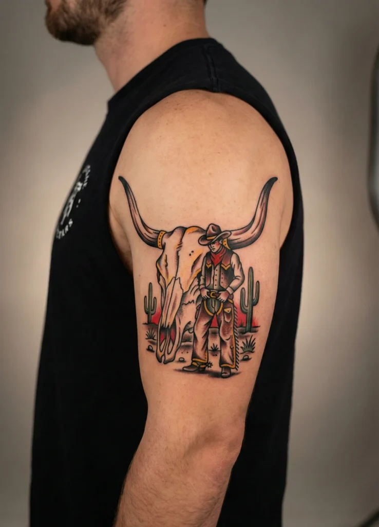 Cowboy and Longhorn Skull Tattoo