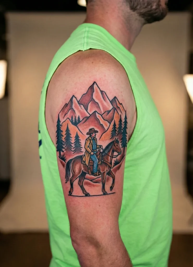 Cowboy in Mountain Range Scene