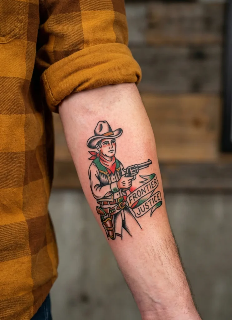 Cowboy with Revolver Tattoo