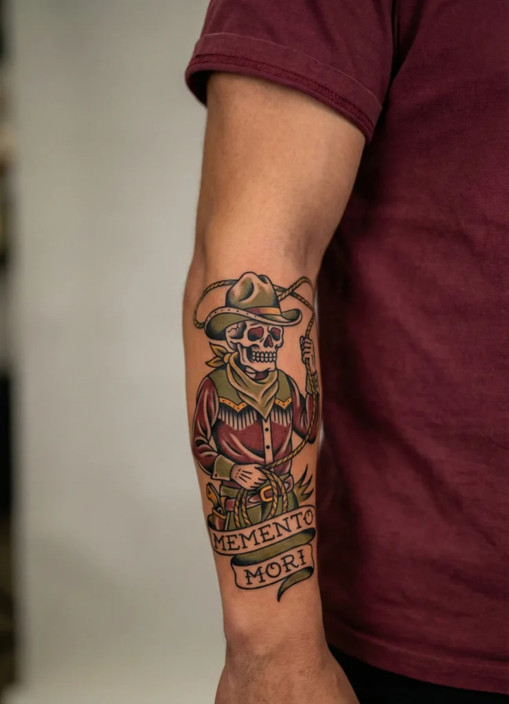 Cowboy with Western Skull Tattoo