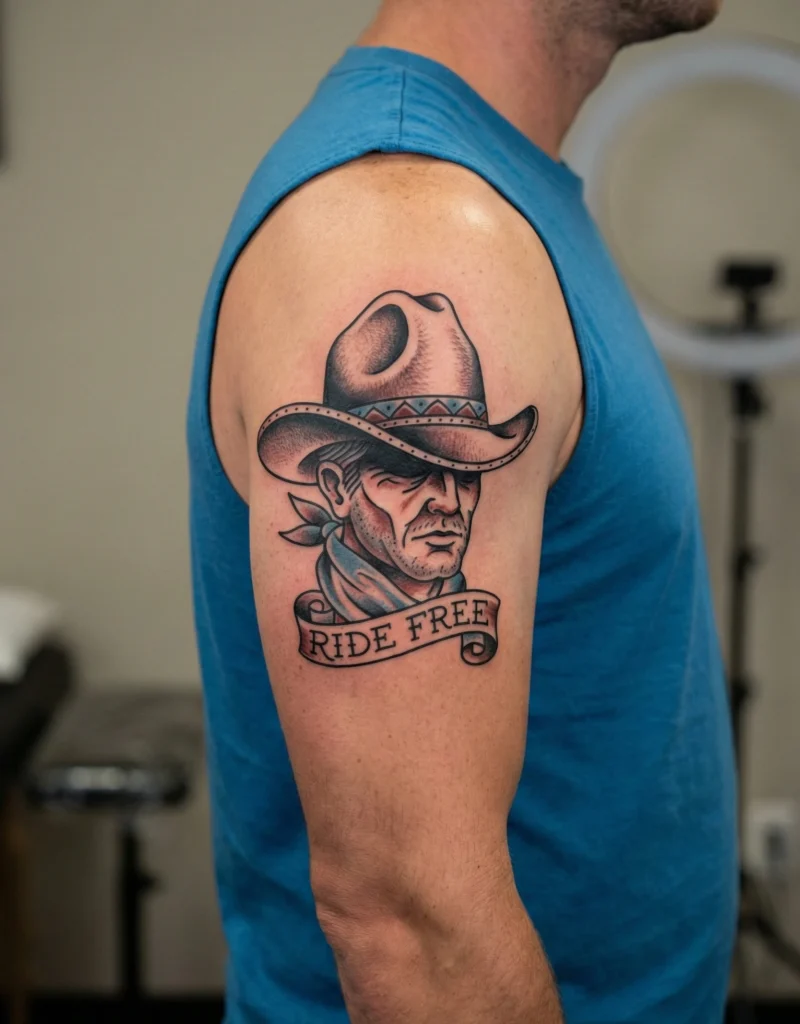 Cowboy with Wide-Brim Hat Tattoo