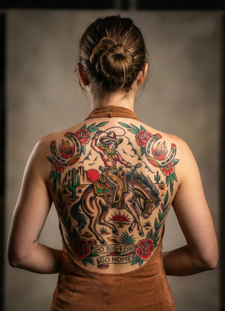 Cowgirl Back Piece Tattoo