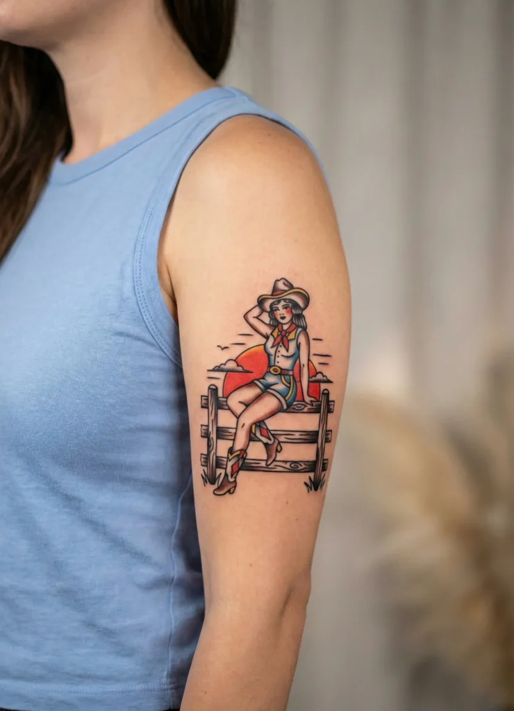 Cowgirl Sitting on Fence Tattoo