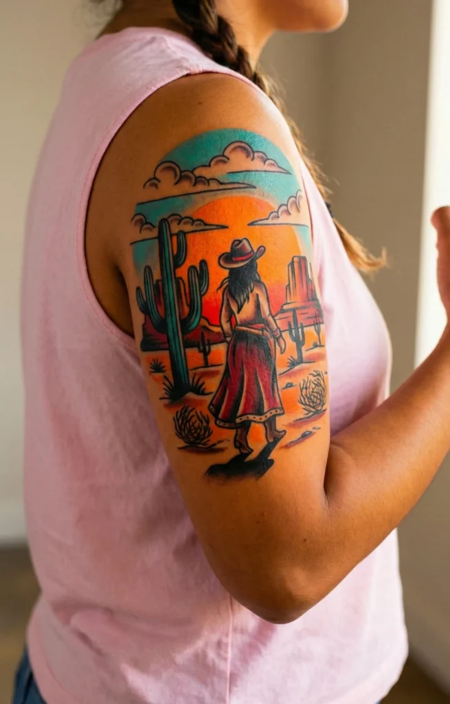 Cowgirl and Desert Scene Tattoo