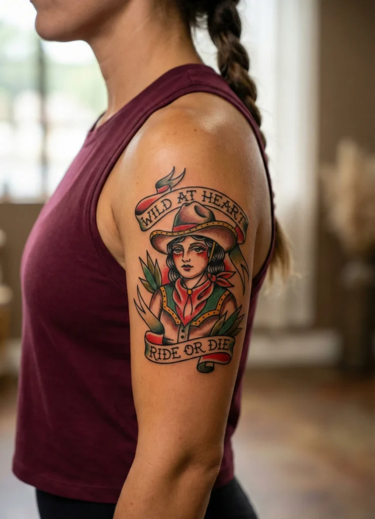 Cowgirl and Wild West Banner Tattoo