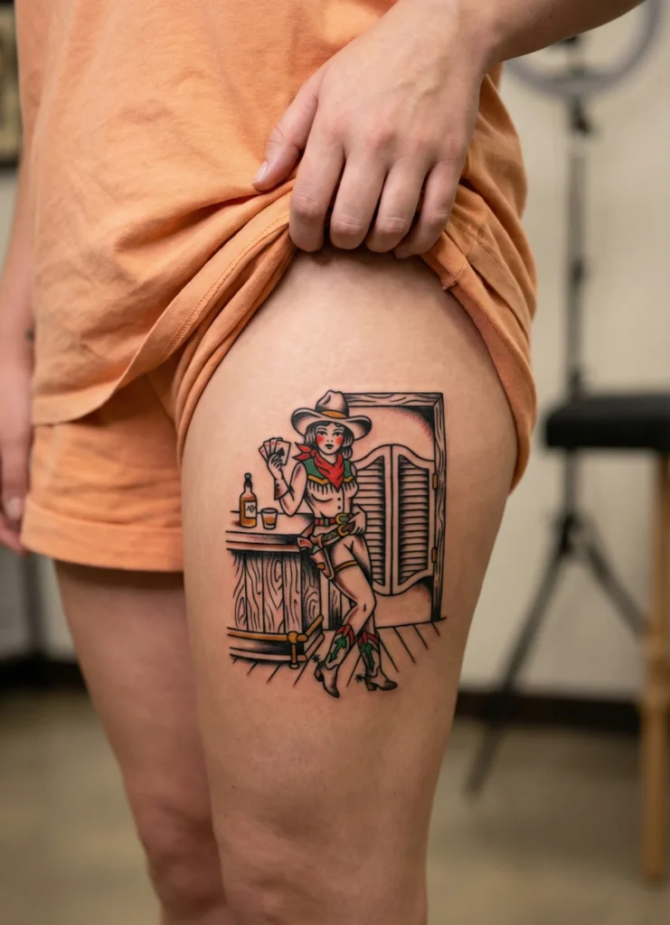 Cowgirl in Saloon Scene Tattoo