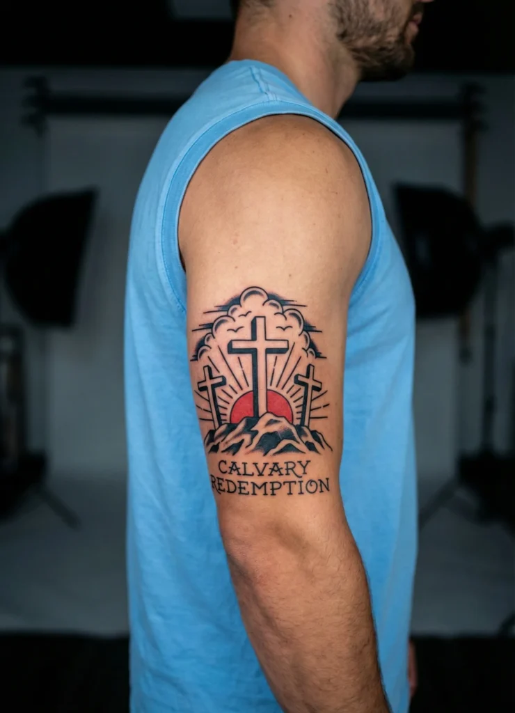 Cross on Hill Scene Tattoo