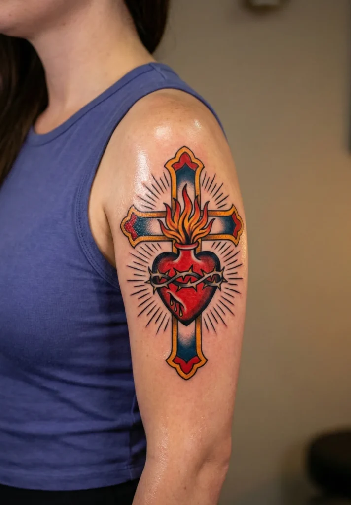 Cross with Sacred Heart Tattoo