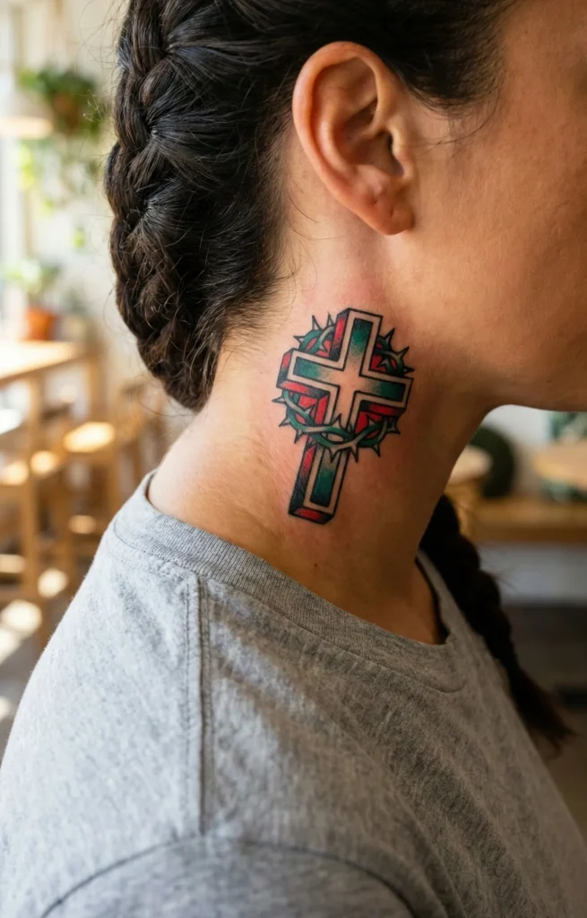 Cross with Thorned Crown Tattoo