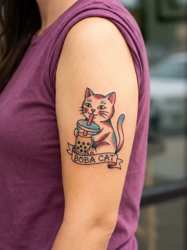 Cute Cat with Boba Tattoo